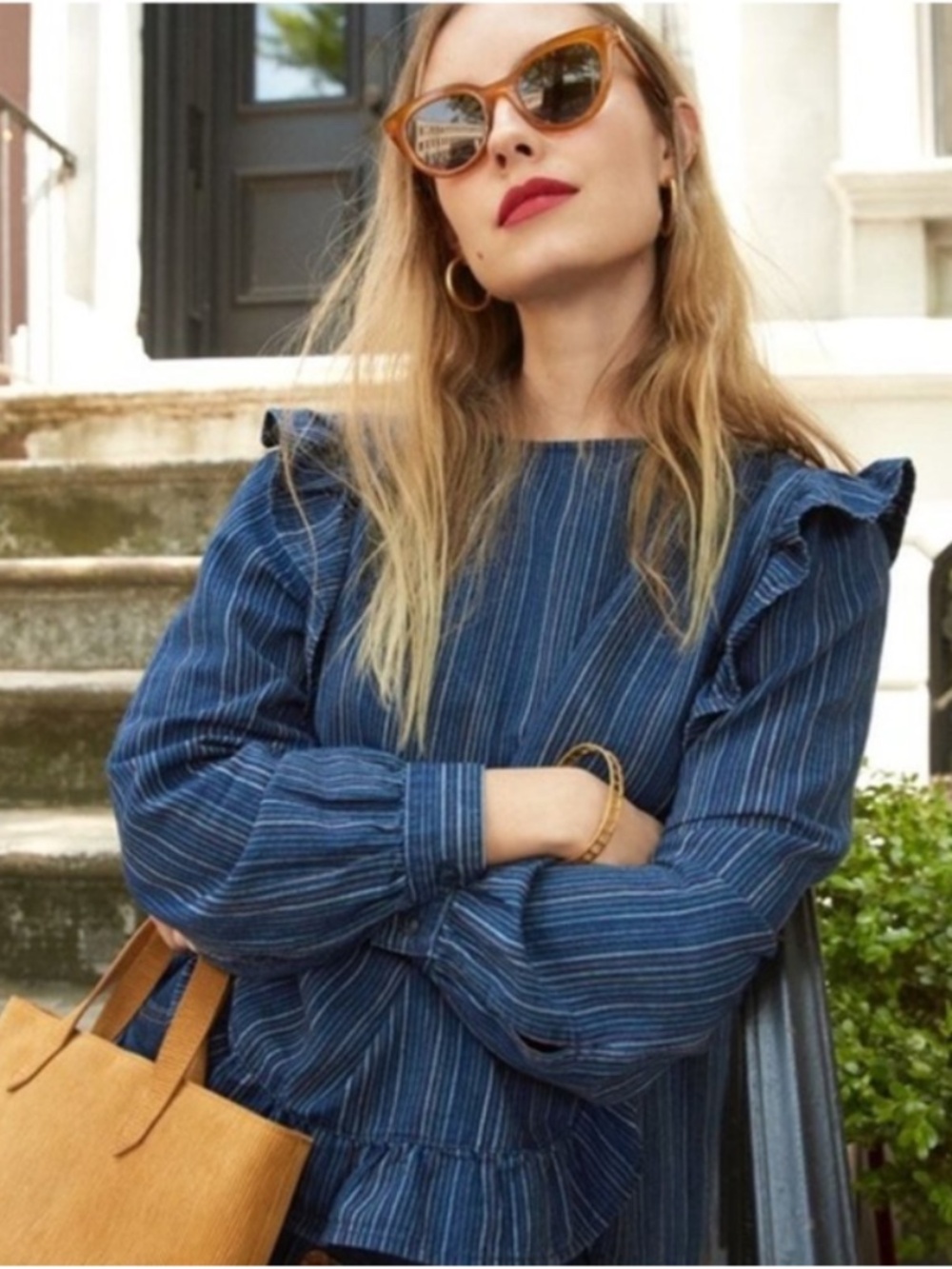 Madewell Ruffle Front Shirt Blue Cecile Stripe Long-Sleeve Top Medium M